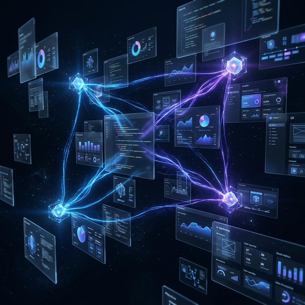 AI agents collaborating in a holographic workspace